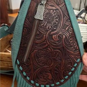 Turquoise and Brown Leather Fringe Bag